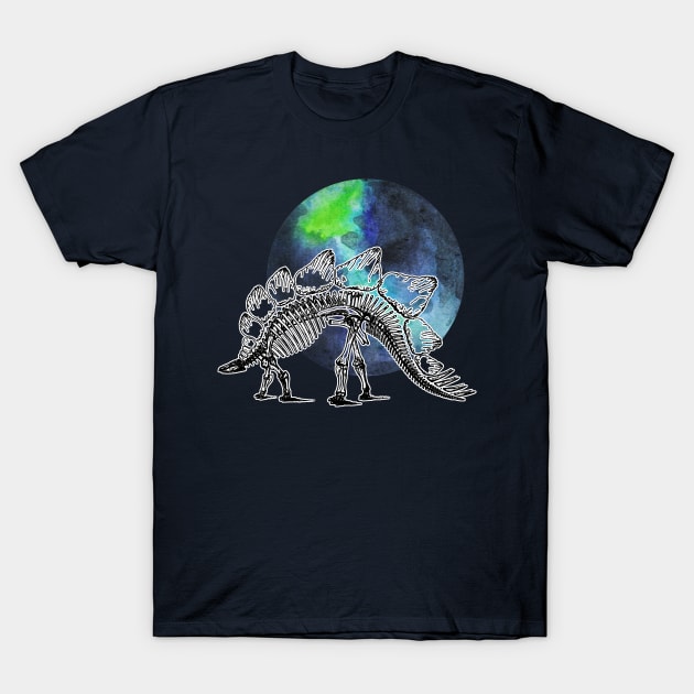 Dinosaur Skeleton in Space Blue Green Planet T-Shirt by chimakingthings